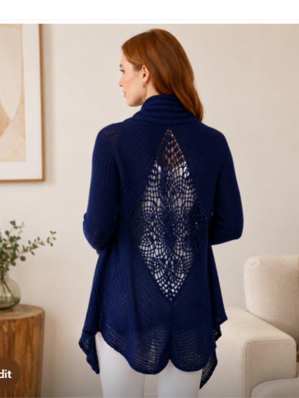 Navy Blue Open Front Knit Cardigan S Shawl Collar Crochet Back Boho Romantic - Picture 2 of 8